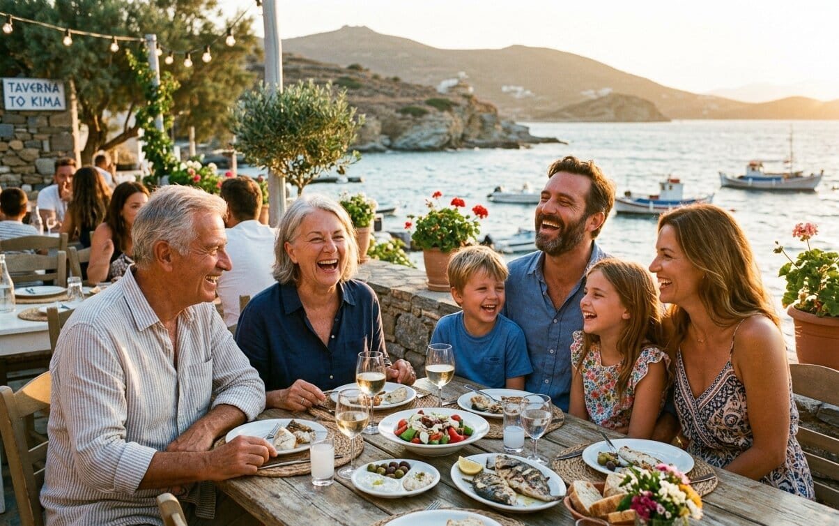 Multigenerational family sharing a meal at a seaside restaurant in Greece.