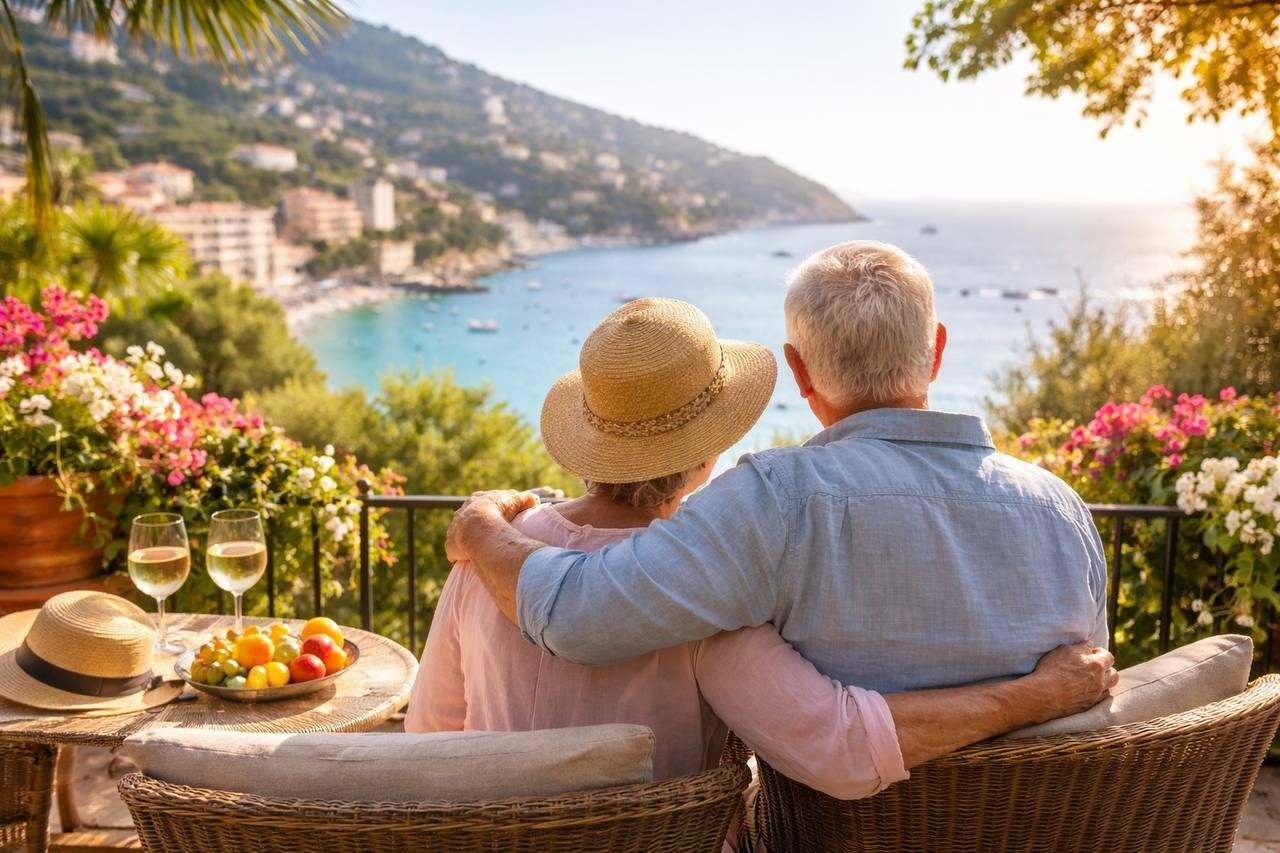 Senior couple relaxing together overlooking a Mediterranean coastline.